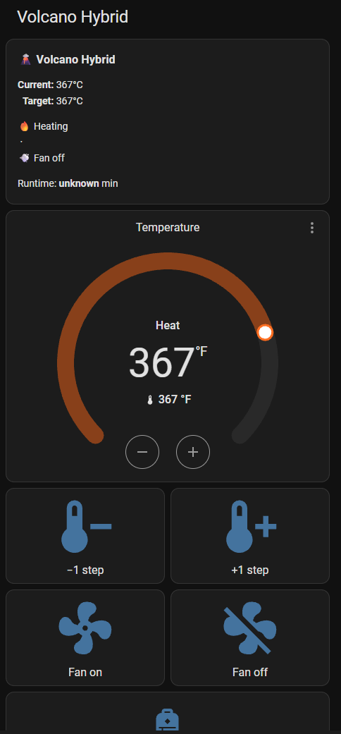 Volcano Hybrid Lovelace card rendered on a real install — Volcano Hybrid header, current/target temperature display, heating + fan-off status, thermostat slider showing 367°F, ±step buttons, fan on/off buttons, top of fill-a-bag button visible at bottom